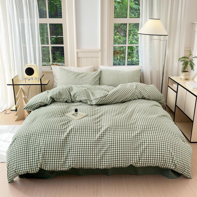 LifeTB Green Gingham Comforter Set Full Size Boho Plaid Checkered Pattern Comforter Geometric Grid Plaid Printed Bedding Comforter Set with 2 Pillowcases Fluffy Soft Gingham Bedding Set Full Size - Image 3